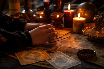 A fortune teller's hands holding a burning candle over an open tarot spread, Soft candlelight, wax drippings, and vintage tarot cards with aged edges - obrazy, fototapety, plakaty