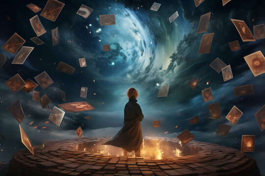 A mysterious figure standing on a glowing platform surrounded by floating cards under a swirling night sky