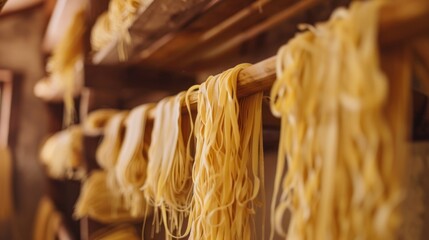 Photograph of handmade pasta drying on a wooden rack. On a traditional wooden shelf in the kitchen