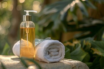 A clear bottle of golden liquid with a pump dispenser, next to a rolled white towel, both placed on a stone surface with foliage in the background.