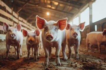 Wide angle shot of a pig farm on the outskirts of town - obrazy, fototapety, plakaty