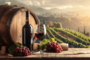 photograph of Red wine bottle, wine glass and wooden barrels. Beautiful Tuscany Italian vineyard...