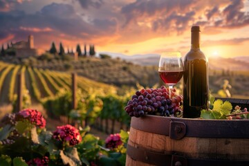 Fototapeta premium photograph of Red wine bottle, wine glass and wooden barrels. Beautiful Tuscany Italian vineyard background