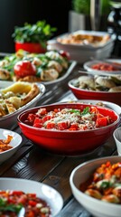 photograph of Selection of Italian food and red and white dishes