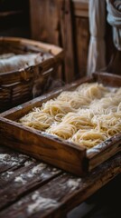 Picture of a group of yellow noodles lined up and ready to serve.