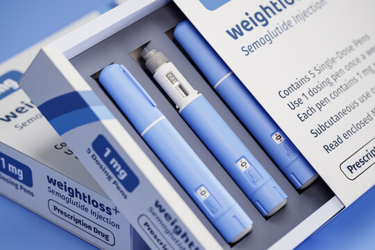 Two packages of 5 dosing pens each of a fictitious Semiglutin drug used for weight loss (antidiabetic medication or anti-obesity medication) on a blue transparent background. Fictitious package design