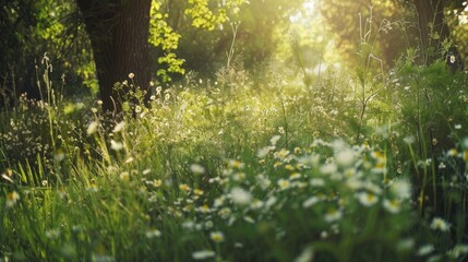 Fototapeta premium photograph of Wildflowers and green trees in the forest or park with wild grass and sunlight. Beautiful summer spring natural background