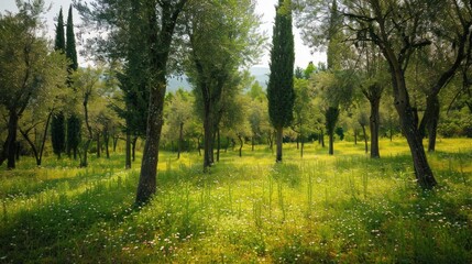 Fototapeta premium photograph of Wildflowers and green trees in the forest or park with wild grass and sunlight. Beautiful summer spring natural background