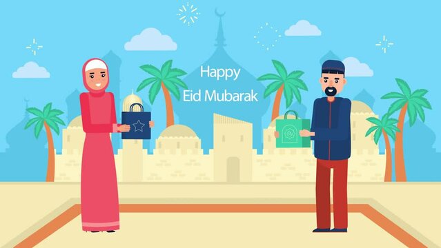 Happy Eid Mubarak - Vibrant Greeting Illustration with Gifts and Mosque Background