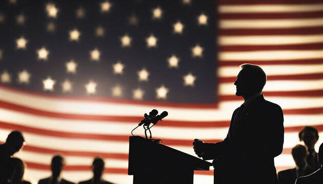 Silhouette of the American senator giving a press conference at the podium, with white spotlights 
