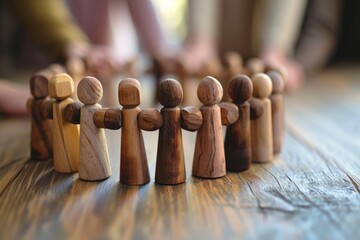 Affirmative action encompasses initiatives such as diversity and inclusion, equal opportunity, and quota systems for minority groups, represented by a wooden model of people holding hands. - obrazy, fototapety, plakaty
