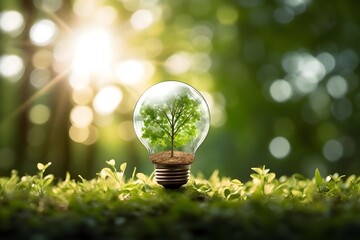 Tree growinig inside on a lightbulb In green forest with warm sunlight. concept save world and energy. Illuminating Sustainability: Green Plant Tree Encased in a Light Bulb