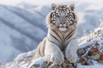 Obraz premium A majestic bengal tiger, its snowy coat blending with the wintry landscape, rests atop a rocky perch in its natural habitat, exuding power and grace as a symbol of the untamed beauty of the wild