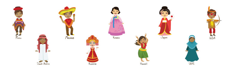 Kids Wearing National Costumes of Different Countries Vector Illustration Set