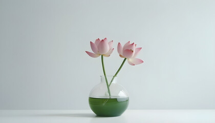Beautiful pink lotus in vase on table against white background. Generative AI