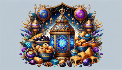 Arabian lantern and traditional Eid al-Fitr sweets fasting and fruits on gray background. Still-life in color palette of blue, purple, and gold