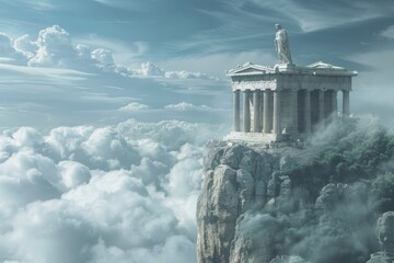 Mythical depiction of a Greek statue and temple on a cliff under a dramatic sky. - obrazy, fototapety, plakaty