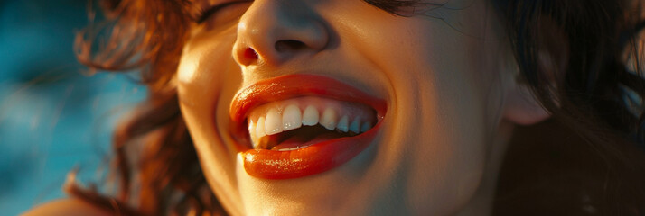 Close-up beauty cosmetics portrait of a laughing woman - obrazy, fototapety, plakaty