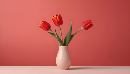 Bouquet of red tulips in vase on pink background. Close up view. Generative AI