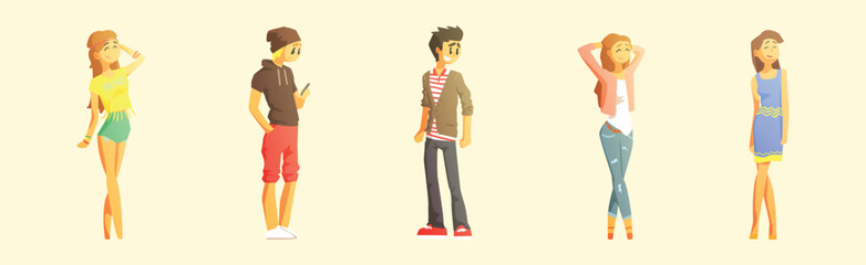 Young Man and Woman Dressed in Trendy Clothes Standing Vector Set