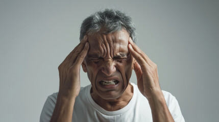 middle-aged or senior Hispanic man with grey hair, experiencing a strong headache or migraine