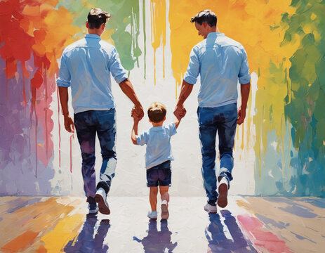 Drawing of a non-traditional family. Rear view of two men and their son walking holding hands. 