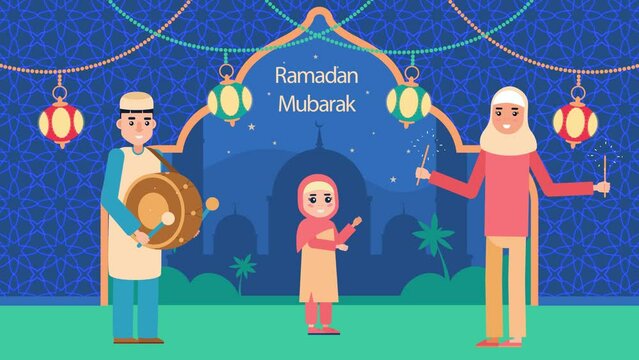 Ramadan Kareem - Joyful Family Celebrating with Lanterns and Sparklers