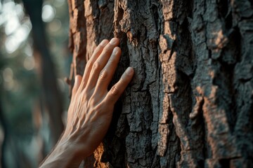 Hand of man touching to the bark of tree.
