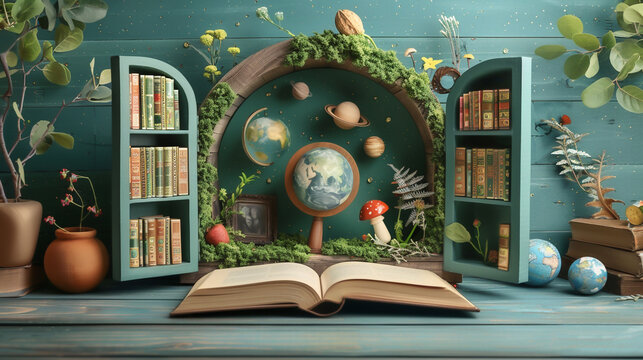Childrens quest for knowledge depicted in a graphic collage where books open doors to science and art