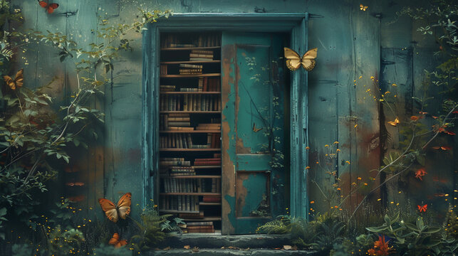 Childrens quest for knowledge depicted in a graphic collage where books open doors to science and art