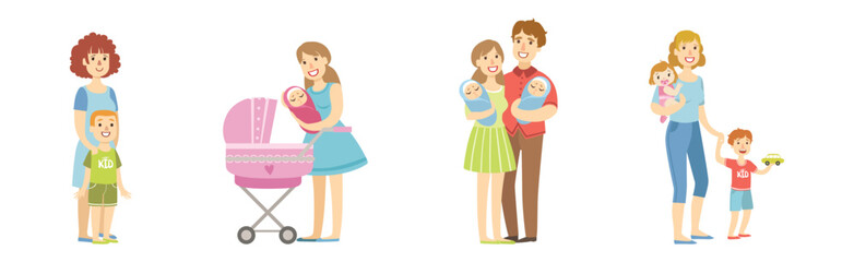 Fototapeta na wymiar Happy Man and Woman Parent Character Enjoy Time Together with Kid Vector Set