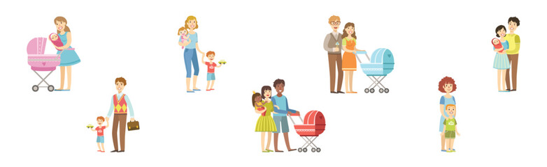 Happy Man and Woman Parent Character Enjoy Time Together with Kid Vector Set