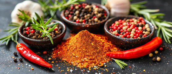 Exotic Cooking Spices, Vibrant Red Pepper and Turmeric, Aromatic Ingredients, Traditional Cuisine Background