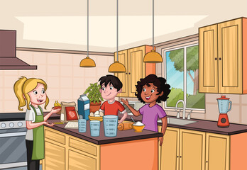 Group of cartoon children in the kitchen making a cake. Teenagers  cooking.
- 741697594