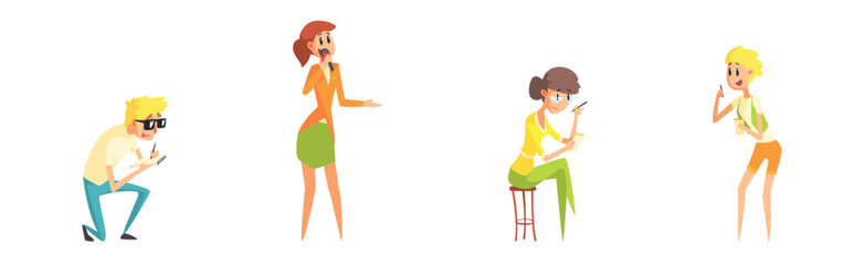 Man and Woman Professional Journalists Character with Notepad and Microphone Vector Set