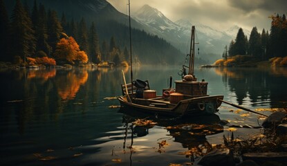 Beautiful autumn landscape with lake, mountains and boat on water.