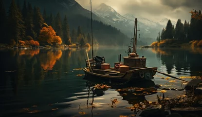Fotobehang Beautiful autumn landscape with lake, mountains and boat on water. © Ali