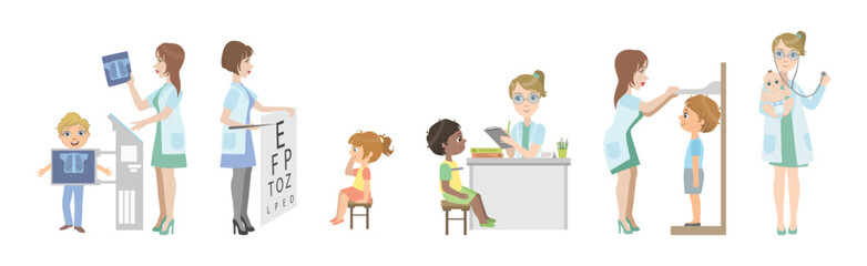 Kids at Pediatrician on Medical Examination at Hospital Vector Set