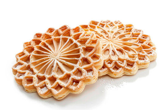 Traditional Italian pizzelle waffle cookies on white wooden background
