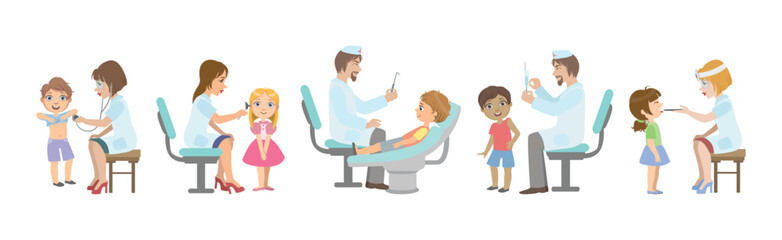 Kids at Pediatrician on Medical Examination at Hospital Vector Set