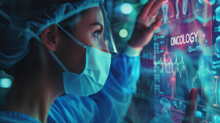female medical professional in scrubs and a surgical mask, standing in front of a screen displaying the word "ONCOLOGY" and various medical charts and graphs