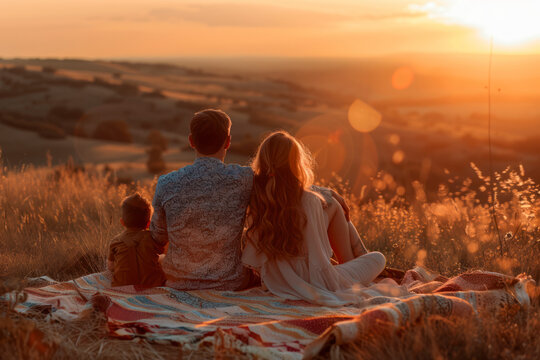 Back view of young family with child sitting on picnic blanket and looking at beautiful sunset.