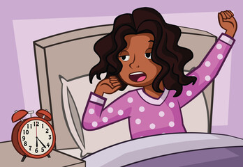 Cartoon young girl waking up with alarm clock. Teenager waking up early.- 741698543