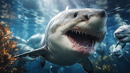 Great white shark swimming underwater in the deep blue ocean.
