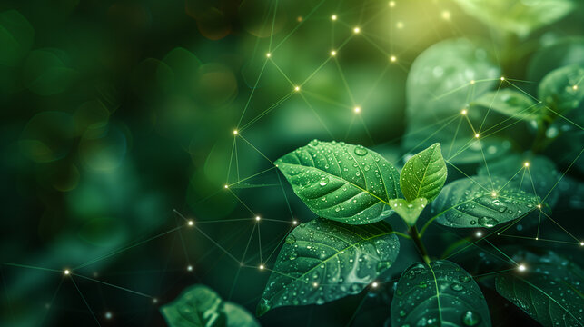 Beautiful green background with leaves connected by a digital grid, space for text, logos or inscriptions, Ai generated image