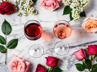 Various shades of rose wine. Flat-lay of rose wine in different colors in glasses and spring blossom flowers over marble background, top view. Wine shop, bar, tasting, seasonal wine list concept