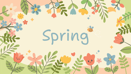 Cute spring floral background. Cute card. Spring collection of animals, flowers and decorations. For poster, card, scrapbooking , stickers. Hello spring banner background template