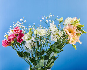 Bouquet of white gypsophila and eustoma, commonly known as lisianthus, prairie gentian or Texas...
