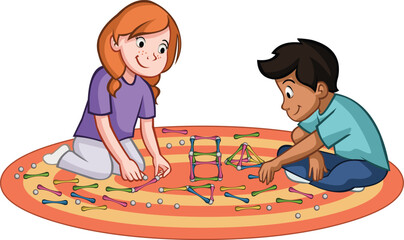 Cartoon young people assembling magnet toy . Teenagers solving a magnet puzzle.

