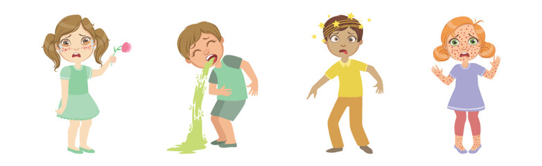 Sick Children Feel Unwell and Suffer from Illness Vector Set